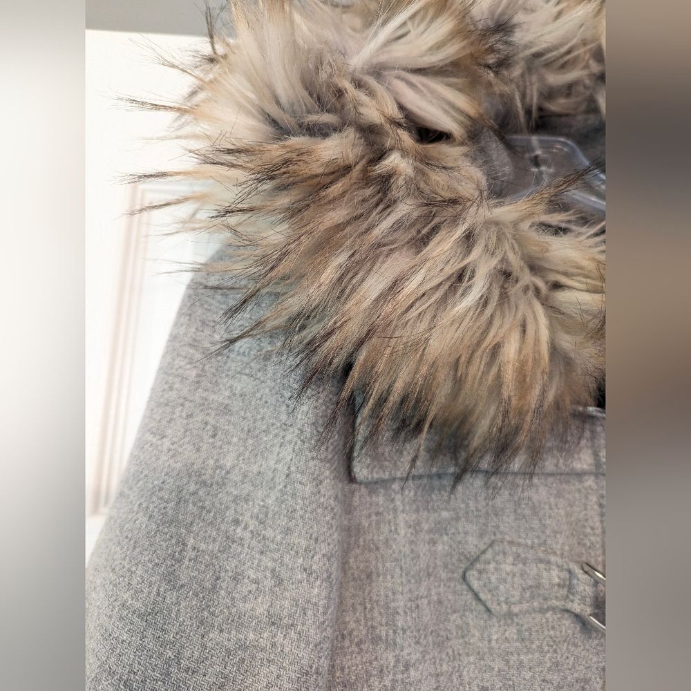 ZARA A-line Wool Duffle Coat jacket Gray detachable faux Fur Hood pockets size S - Picture 15 of 16